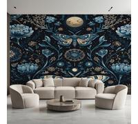 Moth Photo Wallpaper, Blue Flowers Full Moon Moth Insect Wallpaper Mural, 250x175cm Wall Paper for Bedroom Living Room, Non-Woven Wall Mural Room Decor EL&D55