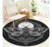 Moth Round Rug Washable Non Slip Gothic Circle for Bedroom Living Room, Black White Soft Low Pile Circular Area Rug 200 cm, Home Decorative Floor Mat