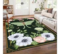 Moth Rug for Living Rooms, 120x180cm Vintage Floral White Peony Pink Rose Leaf Green Rug, Soft Durable Machine-Washable Country-Style Rugs Carpet for Farmhouse Dining Tables Entryways