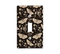 Moth Single Light Switch Cover Plate, Nature Bohemian Flower Leaf Fall Black Plastic Standard Size Wall Switch Plates Accents for Home Living Room New Apartment Decor (Single)