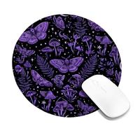 Moth Small Mouse Pad, Gothic Nature Mushroom Fern Fall Violet Round Rubber Non Slip Mini Travel Desk Mousepad Accessories for Office Home Computer Laptop Round 8x8 Inch