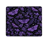 Moth Small Mouse Pad, Gothic Nature Mushroom Fern Fall Violet Square Rubber Non Slip Stitched Edge Cloth Mousepad Desk Accessories for Gaming Computer Laptop Square 8x10 Inch