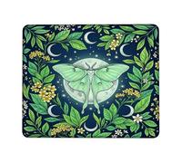 Moth Small Mouse Pad, Nature Botanical Leaves Moon Summer Green Square Rubber Non Slip Mini Travel Desk Mousepad Idea for Home Office Desk Laptop Gamers Gift Square 8x10 Inch