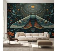Moth Wallpaper for Living Room & Bedroom & Hallway, Non-Woven Luna Moth Flower Botanical Mural Wallpaper, Wall Mural Wall Decoration 390 x 260 cm (WxH) K-MZ&4