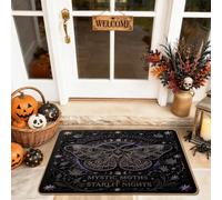 Moth Welcome Door Mat, Fanciful Gothic Stars Text Halloween Black Washable Low Profile Decorative Doormat for House Office Outside Inside Entrance Decor 29x17 Inch
