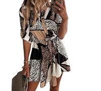 Mothcattl Bohe Dress - Shirt Dress Leopard Print Roll Up Sleeve Women Waist Tie Lapel Dress for Dating - Apricot XL
