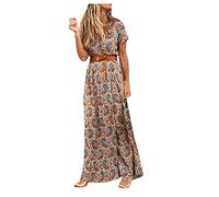 mothcattl Women‘s Boho V Neck Short Sleeve Paisley Print Belt Large Hem Beach Long Dress Brown 3XL