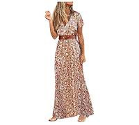 mothcattl Women‘s Boho V Neck Short Sleeve Paisley Print Belt Large Hem Beach Long Dress Red S