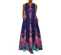 Mothcattl Women's Boho Plus Size Bohemian Summer Beach Women Sleeveless V Neck Loose Kaftan Maxi Dress - Dark Blue 5XL