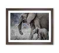 Mother and Baby Elephant Modern Framed Print | A2 Walnut Framed Wall Art | Ready to Hang | Modern Animal Picture | Living Room Bedroom Lounge Office