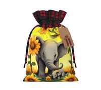 mother and baby elephant sunflowers Christmas Drawstring Gift Bags with Tags, Buffalo Plaid Xmas Gift Bags Reusable Gift Wrapping Bag Christmas Fabric Goody Gift Sacks for Party Presents Decorations