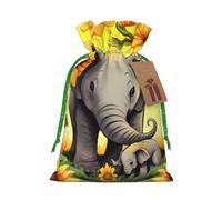 mother and baby elephant sunflowers Christmas Drawstring Gift Bags with Tags, Xmas Gift Bags with Green Christmas Ribbon, Reusable Gift Wrapping Bag Fabric Goody Gift Sacks for Party Presents