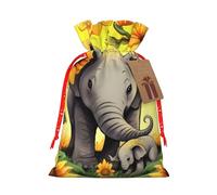 mother and baby elephant sunflowers Christmas Drawstring Gift Bags with Tags, Xmas Gift Bags with Red Christmas Ribbon, Reusable Gift Wrapping Bag Fabric Goody Gift Sacks for Party Presents