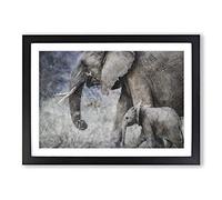 Mother and Baby Elephant Vol.1 Painting Framed Print | A2 Black Framed Wall Art | Ready to Hang | Modern Animal Picture | Living Room Bedroom Lounge Office