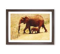 Mother and Baby Elephant Vol.3 Painting Framed Print | A2 Walnut Framed Wall Art | Ready to Hang | Modern Animal Picture | Living Room Bedroom Lounge Office