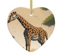 Mother and Child Giraffe Ceramic Christmas Heart Pendant, The Pottery Piece is Available with Silk Thread