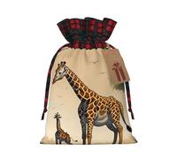 Mother and child giraffe Christmas Drawstring Gift Bags, S Rustic Linen Tartan Pouches with Tags for Wedding Party Favours