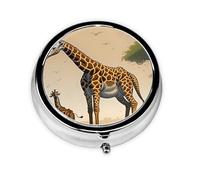Mother and Child Giraffe Round Mini Pill Box with Metal Coating Convenient for Daily Carrying and Business Travel