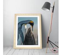Mother and child penguin Stunning Framed Wall Art Print Picture - A1 - Light Oak Frame