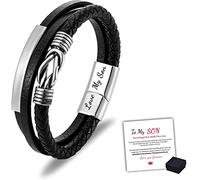 Mother and Son Forever Linked Together Braided Leather Bracelet, Stainless Steel Infinity Leather Mens Bracelet, Multilayer Hand Woven Wristband Bracelet Gift for Son
