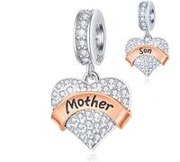 Mother and Son Heart Pendant Charms, fits Pandora Mothers Day Bracelet/Necklace, 925 Sterling Silver Mom Love Baby Boy Dangle CZ Beads, Gift for Grandson/Godson/Son in Law/Stepson