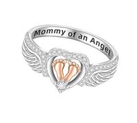 Mother Angel Memorial Ring - Heart & Footprint Design | Jewellery Remembrance for Mothers Who Have a Son | Elegant Angel Keepsake Ring for or Girl