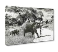 Mother & Baby Elephant Strolling Canvas Print | Gallery Wrapped 30mm Frame Wall Art | 30x20 inches | Ready to Hang | Abstract Animals Picture | Living Room Bedroom Lounge Office
