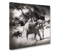 Mother & Baby Elephant Strolling in Abstract Modern Canvas Wall Art Print Ready to Hang, Framed Picture for Living Room Bedroom Home Office Décor, 14x14 Inch (35x35 cm)