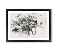 Mother & Baby Elephant Strolling Watercolour Framed Print | A2 Black Framed Wall Art | Ready to Hang | Modern Animal Picture | Living Room Bedroom Lounge Office