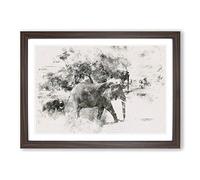 Mother & Baby Elephant Strolling Watercolour Framed Print | A2 Walnut Framed Wall Art | Ready to Hang | Modern Animal Picture | Living Room Bedroom Lounge Office