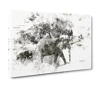 Mother & Baby Elephant Strolling Watercolour Modern Canvas Wall Art Print Ready to Hang, Framed Picture for Living Room Bedroom Home Office Décor, 24x16 Inch (60x40 cm)