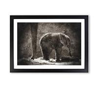 Mother & Baby Elephant Together Painting Framed Print | A2 Black Framed Wall Art | Ready to Hang | Modern Animal Picture | Living Room Bedroom Lounge Office
