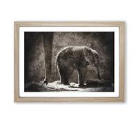 Mother & Baby Elephant Together Painting Framed Print | A2 Oak Framed Wall Art | Ready to Hang | Modern Animal Picture | Living Room Bedroom Lounge Office