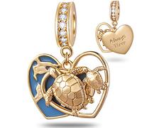 Mother Baby Sea Turtle Pendant Charms in 18K Yellow Gold Plated, fits Pandora Mothers Day Bracelet, 925 Sterling Silver Golden Mom Child Tortoise Beads, Gift for Grandma/Mama