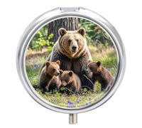 Mother Bear and Her Cubs Pill Box 3 Compartment Waterproof Pill Case with Mirror Round Container Metal Medicine Box Organizer Portable Vitamin Case for Pocket & Purse Travel