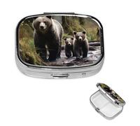 Mother Bear and her Cubs Pill Case with Mirror Retro 2 Compartment Pill Box Small Pill Organizer for Purse or Pocket Decorative Metal Medicine Vitamin Organizer Unique Gifts