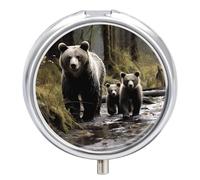 Mother Bear and Her Pill Box 3 Compartment Travel Pill Organizer 3 Times A Day Cute Mini Pill Case for Purse & Pocket Portable Metal Medicine Box with Mirror Round Daily Medicine Vitamin Container