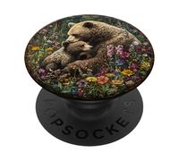Mother Bear With Cub Surrounded By Flowers Art PopSockets Adhesive PopGrip