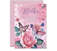 Mother Birthday Card - Pink Rose Butterfly - Beautiful Happy Birthday Card for Mother from Daughter Son, A5 Female Floral Bday Mothers Day Greeting Cards