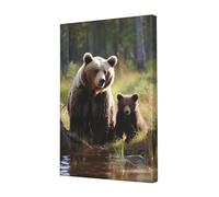 Mother brown bears protect cubs Canvas Print Wall Art Poster Framed Canvas Photo Arts for Bedroom Wall Decorations Modern Artwork Painting Wall Pictures Ready To Hang Home Decor 12x18 in