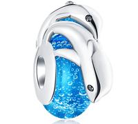 Mother/Child Dolphin Charms on Sea Blue Murano Glass Beads, fit Pandora Ocean Bracelet, 925 Sterling Silver Playful Mum/Baby Dolphins Charm, Gift for Daughter/First Mothers Day/Son