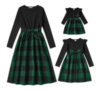 Mother Daughter Christmas Checked Family Matching Outfit A-line Autumn Winter Long Casual Dress Party Mum M Girls Suitable Family Clothing Evening Size XL