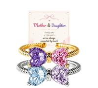 Mother Daughter Custom Double Heart Birthstone Twist Ring, Personalized Two Heart Birthstone Adjustable Open Ring, Gold Silver Two Tone Sentimental Mother Jewelry Gift