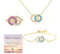 Mother & Daughter Customized Birthstones Circle Necklace Bracelet Ring Set, Mother Daughter Custom Linking Birthstone Jewelry Set Mother's Day Birthday Gift for Her