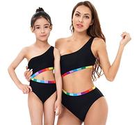 Mother Daughter Family Matching Swimwear Swimsuits Swimming Costume Women Girls One Single Shoulder Cutout One Piece Bathing Suit Bikini Tankinis Beachwear Black-Rainbow Trim 11-12 Years