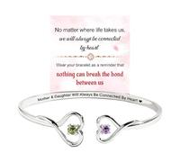 Mother & Daughter Love Eternal Custom Birthstone Double Heart Bracelet, Personalized Mother Bangle with Engraved Message, Adjustable Open Sentimental Jewelry Gift for Birthday, Mother's Day, Anniversa