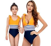 Mother Daughter Toddler Sister Girls Matching Swimwear Family Swimsuits Swimming Costume Women Ruffle Stripe Print One Piece Bathing Suit Bikini Tankinis Beachwear Orange + Navy Blue 11-12 Years