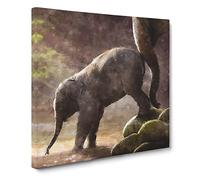 Mother Elephant Encouraging Baby Canvas Print | Gallery Wrapped 30mm Frame Wall Art | 14x14 inches | Ready to Hang | Abstract Animals Picture | Living Room Bedroom Lounge Office