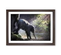 Mother Elephant Encouraging Baby in Abstract Framed Print | A2 Walnut Framed Wall Art | Ready to Hang | Abstract Animal Picture | Living Room Bedroom Lounge Office