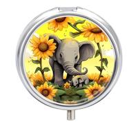 Mother Elephant Sunflowers Pill Box 3 Compartment Travel Pill Organizer with Mirror Design Portable Pillcase for Pocket Or Purse Round Medicine Case Weekly Medicine Container Holder for Daily Meds